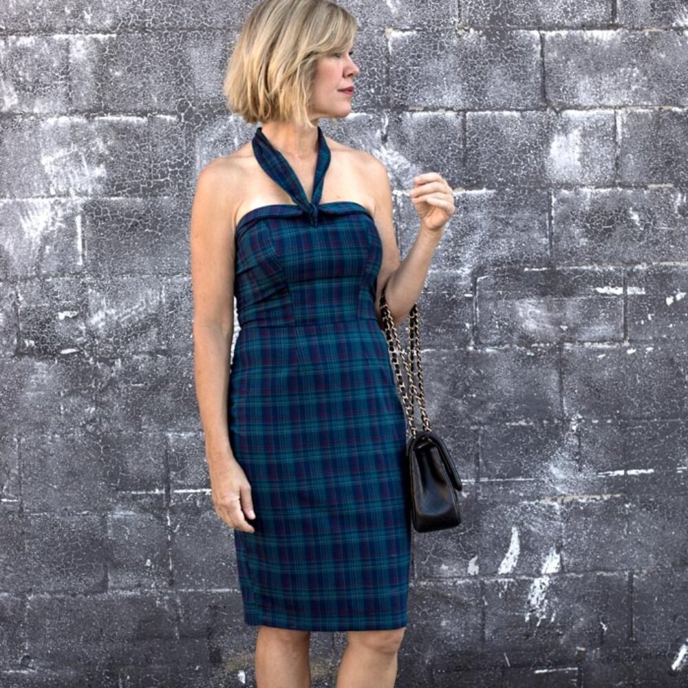 NWT blue plaid pencil dress - convertible halter/strapless, S, M, L, XL, XXL